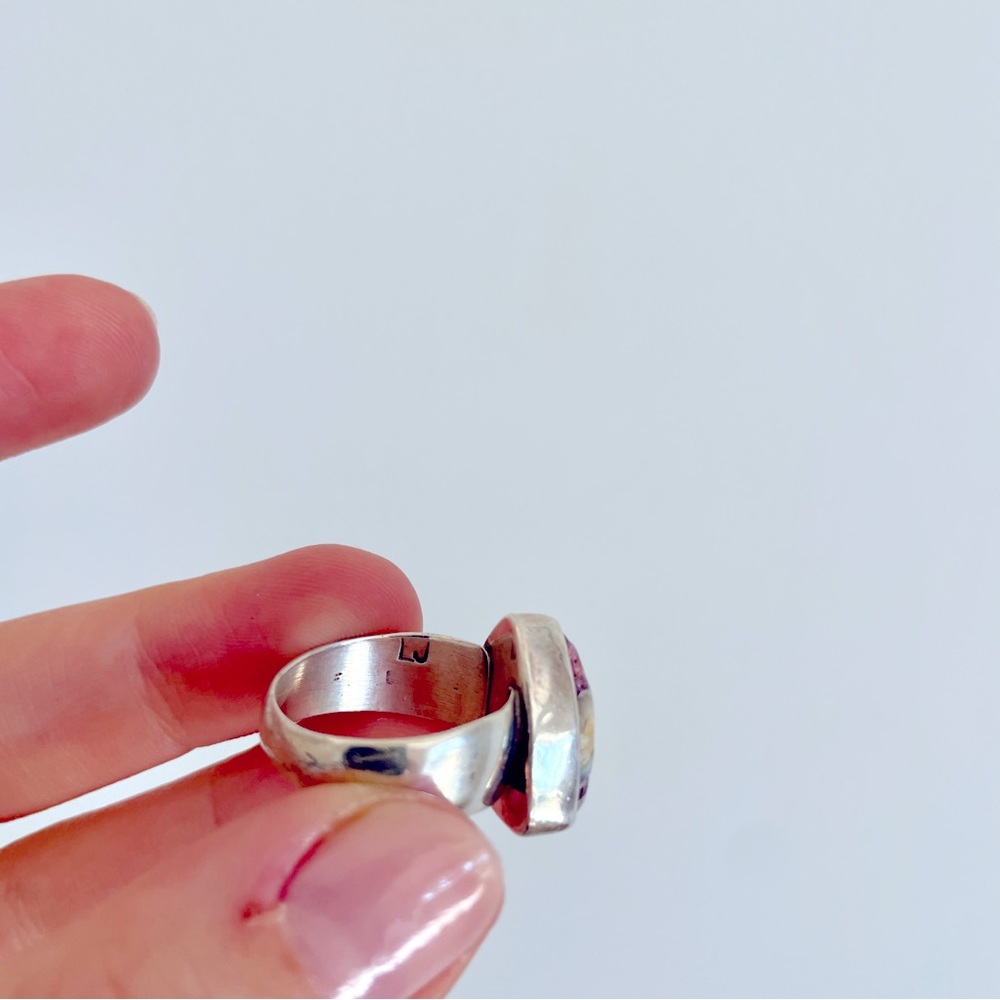 Triangular Alaskan Rainbow Jasper Ring, Set In St… - image 6